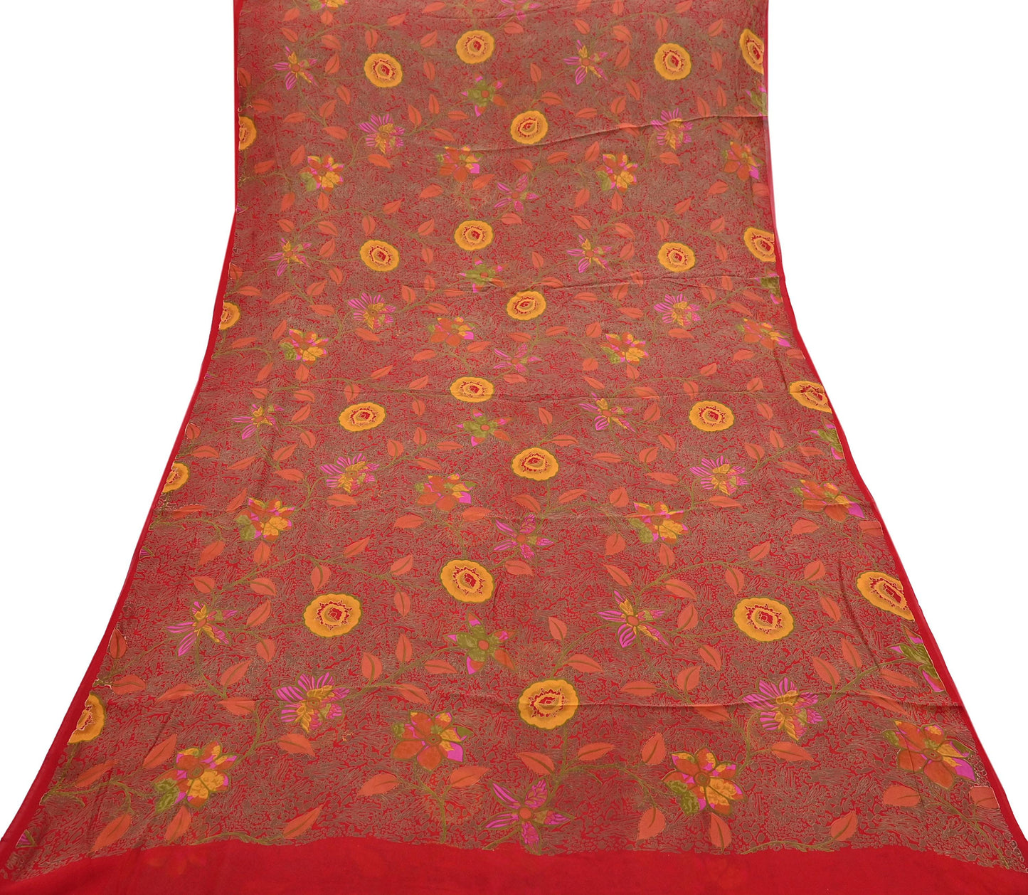 Indian Vintage Red Saree 100% Pure Georgette Silk Printed Sari Sewing 5yd Craft Fabric Dress Designing for Dress making