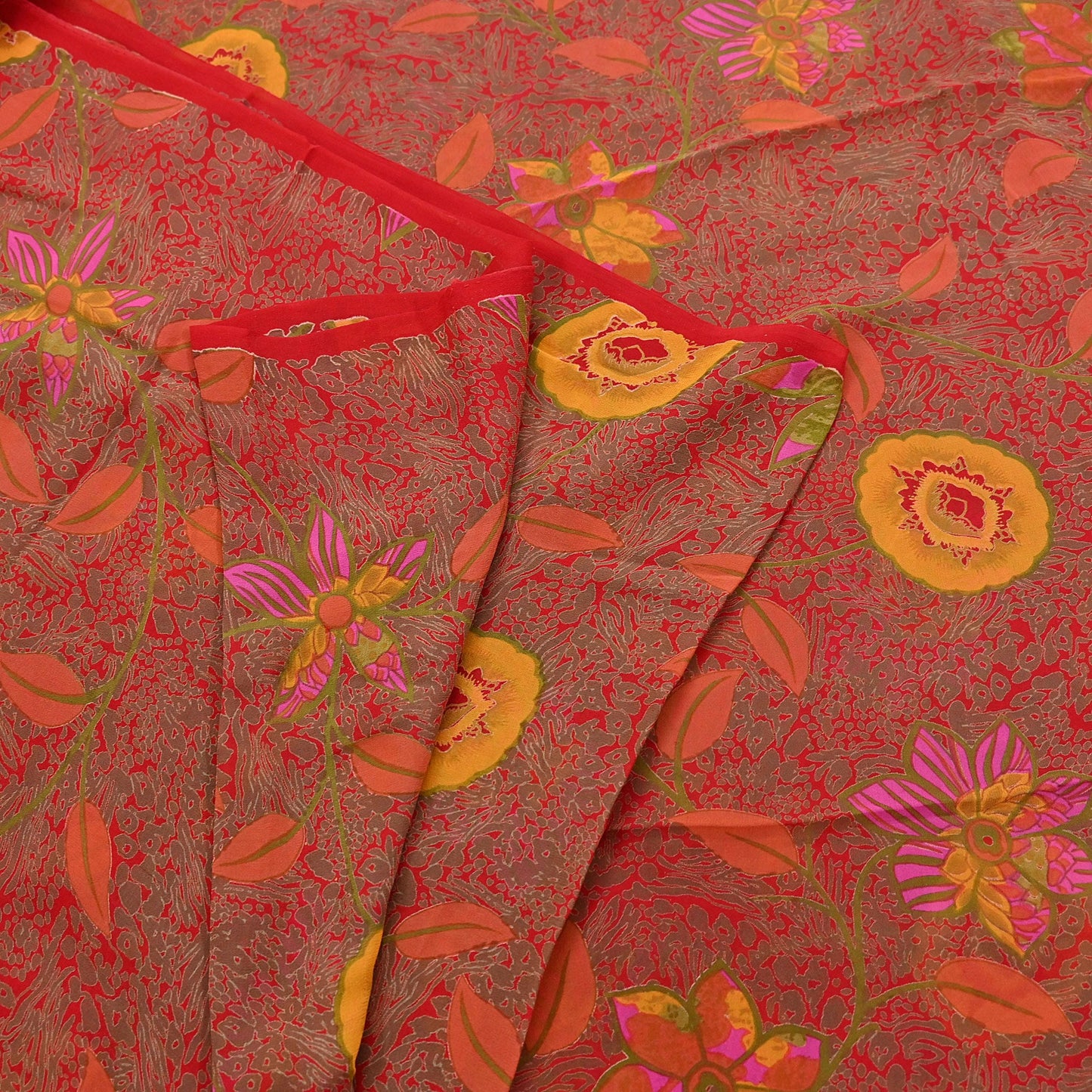 Indian Vintage Red Saree 100% Pure Georgette Silk Printed Sari Sewing 5yd Craft Fabric Dress Designing for Dress making