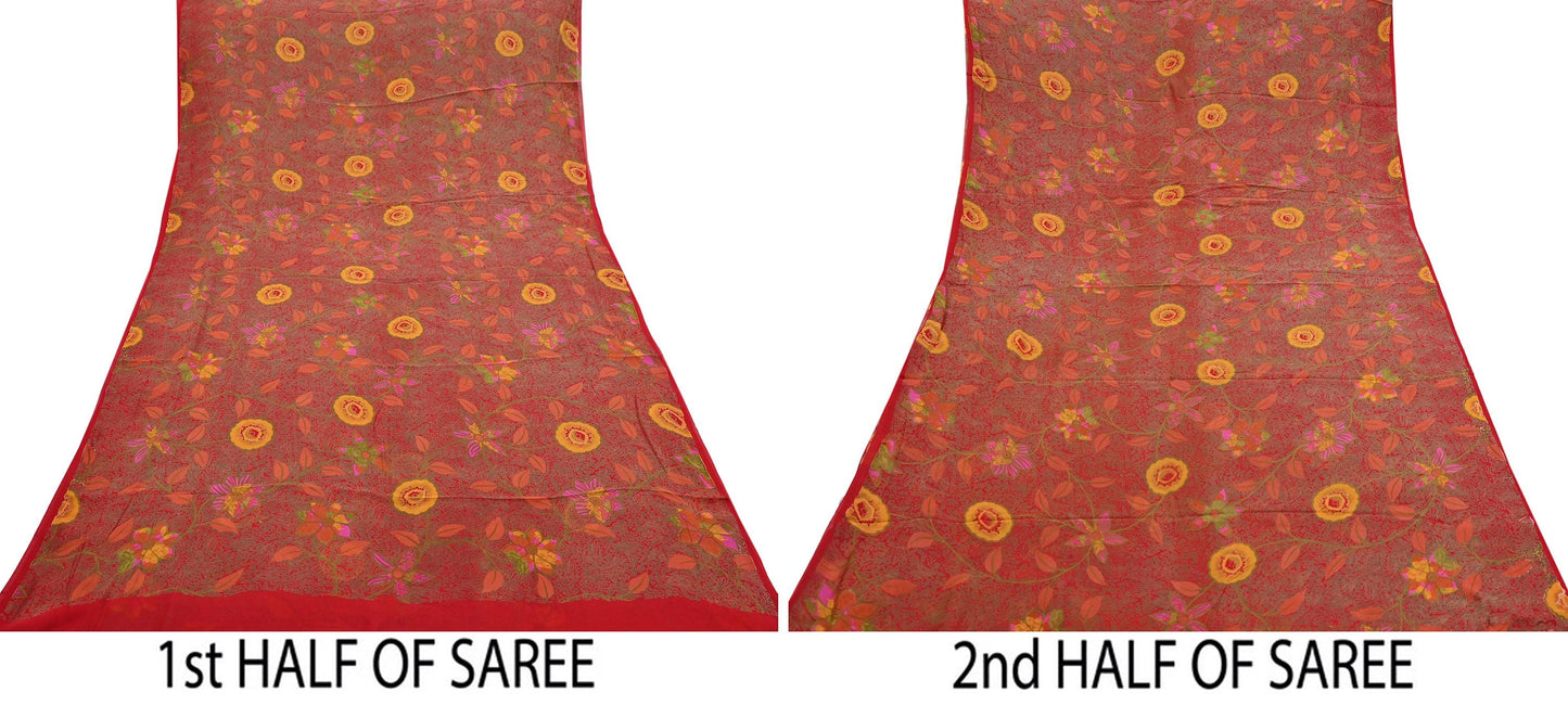 Indian Vintage Red Saree 100% Pure Georgette Silk Printed Sari Sewing 5yd Craft Fabric Dress Designing for Dress making