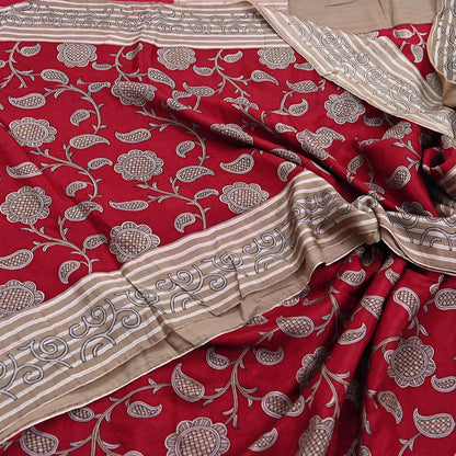 Indian Vintage Sari Red & Brown 100% Pure Silk Printed Sarees 6yd Craft Fabric Sewing Soft Dress Making Floral Quilting Crafting Upcycle