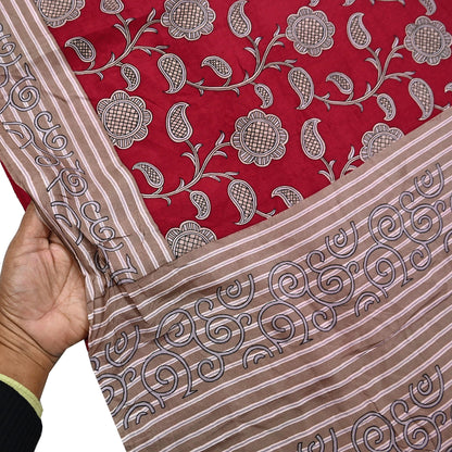 Indian Vintage Sari Red & Brown 100% Pure Silk Printed Sarees 6yd Craft Fabric Sewing Soft Dress Making Floral Quilting Crafting Upcycle