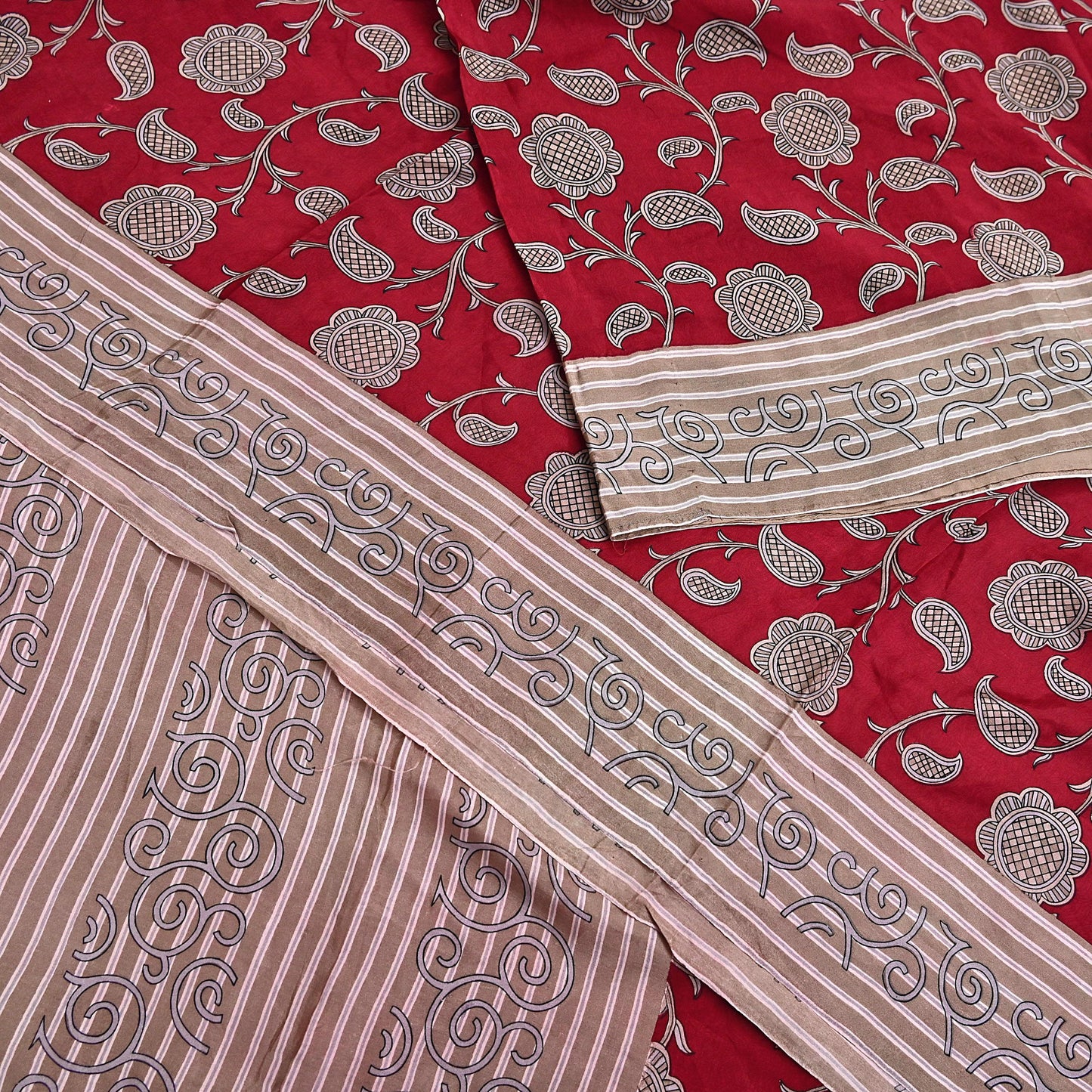 Indian Vintage Sari Red & Brown 100% Pure Silk Printed Sarees 6yd Craft Fabric Sewing Soft Dress Making Floral Quilting Crafting Upcycle