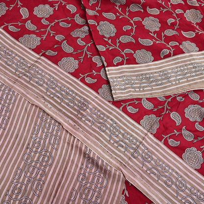 Indian Vintage Sari Red & Brown 100% Pure Silk Printed Sarees 6yd Craft Fabric Sewing Soft Dress Making Floral Quilting Crafting Upcycle