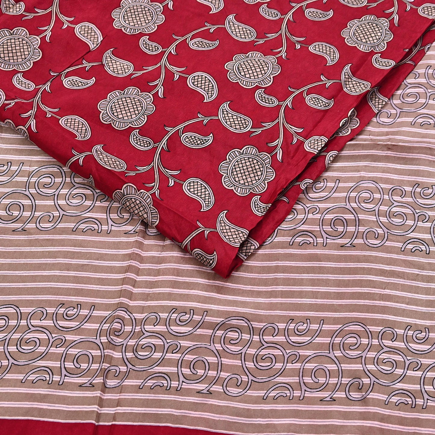 Indian Vintage Sari Red & Brown 100% Pure Silk Printed Sarees 6yd Craft Fabric Sewing Soft Dress Making Floral Quilting Crafting Upcycle