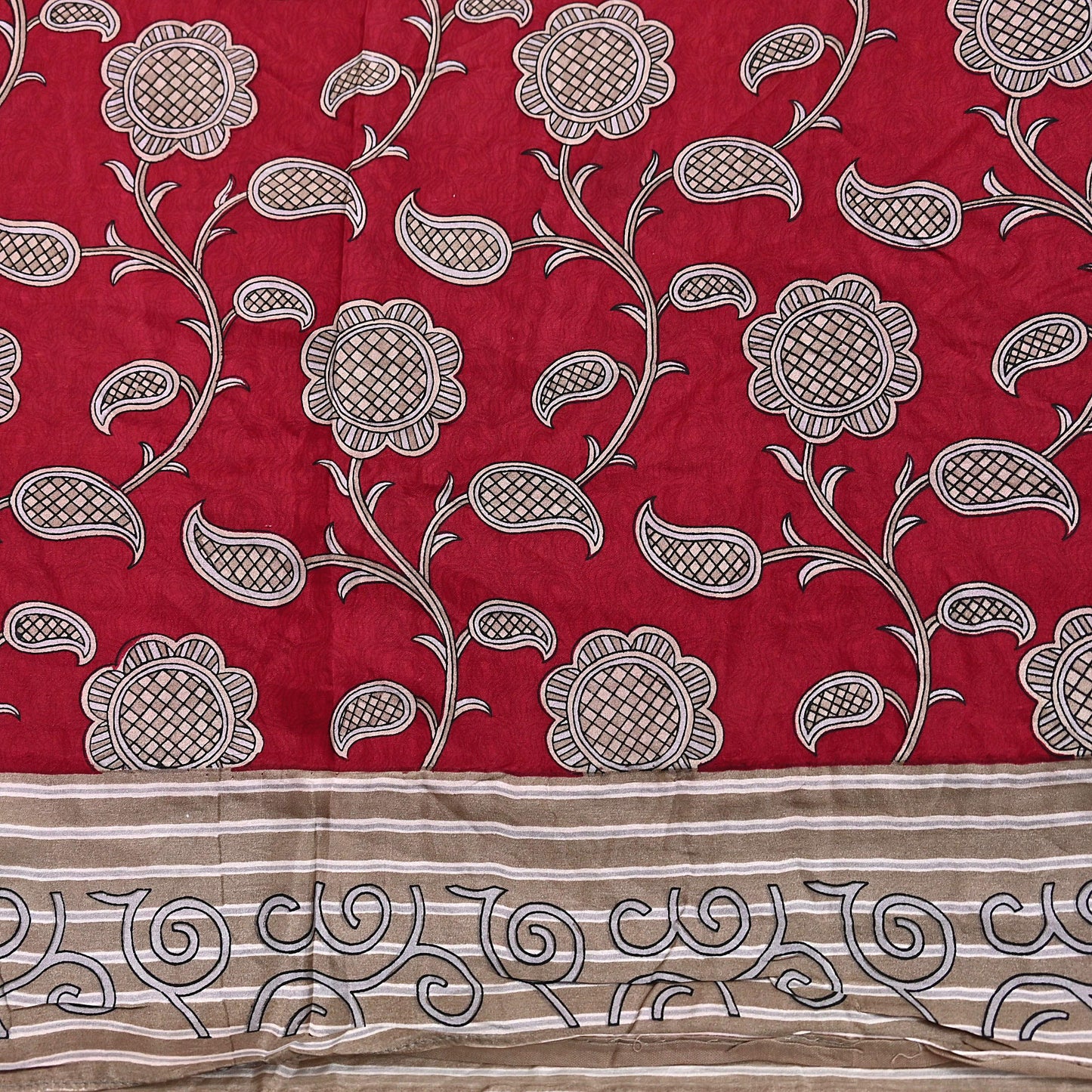 Indian Vintage Sari Red & Brown 100% Pure Silk Printed Sarees 6yd Craft Fabric Sewing Soft Dress Making Floral Quilting Crafting Upcycle