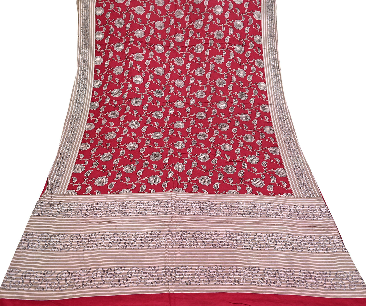 Indian Vintage Sari Red & Brown 100% Pure Silk Printed Sarees 6yd Craft Fabric Sewing Soft Dress Making Floral Quilting Crafting Upcycle