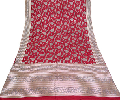 Indian Vintage Sari Red & Brown 100% Pure Silk Printed Sarees 6yd Craft Fabric Sewing Soft Dress Making Floral Quilting Crafting Upcycle