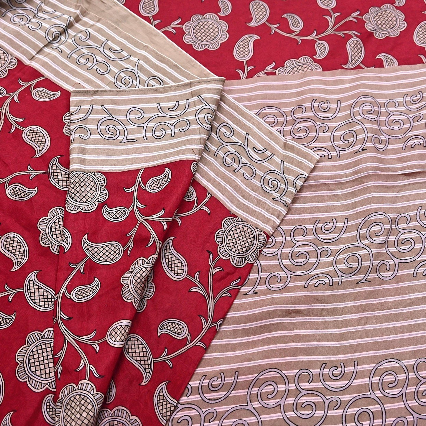 Indian Vintage Sari Red & Brown 100% Pure Silk Printed Sarees 6yd Craft Fabric Sewing Soft Dress Making Floral Quilting Crafting Upcycle