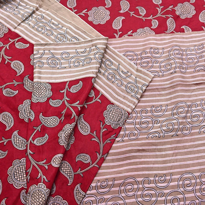 Indian Vintage Sari Red & Brown 100% Pure Silk Printed Sarees 6yd Craft Fabric Sewing Soft Dress Making Floral Quilting Crafting Upcycle