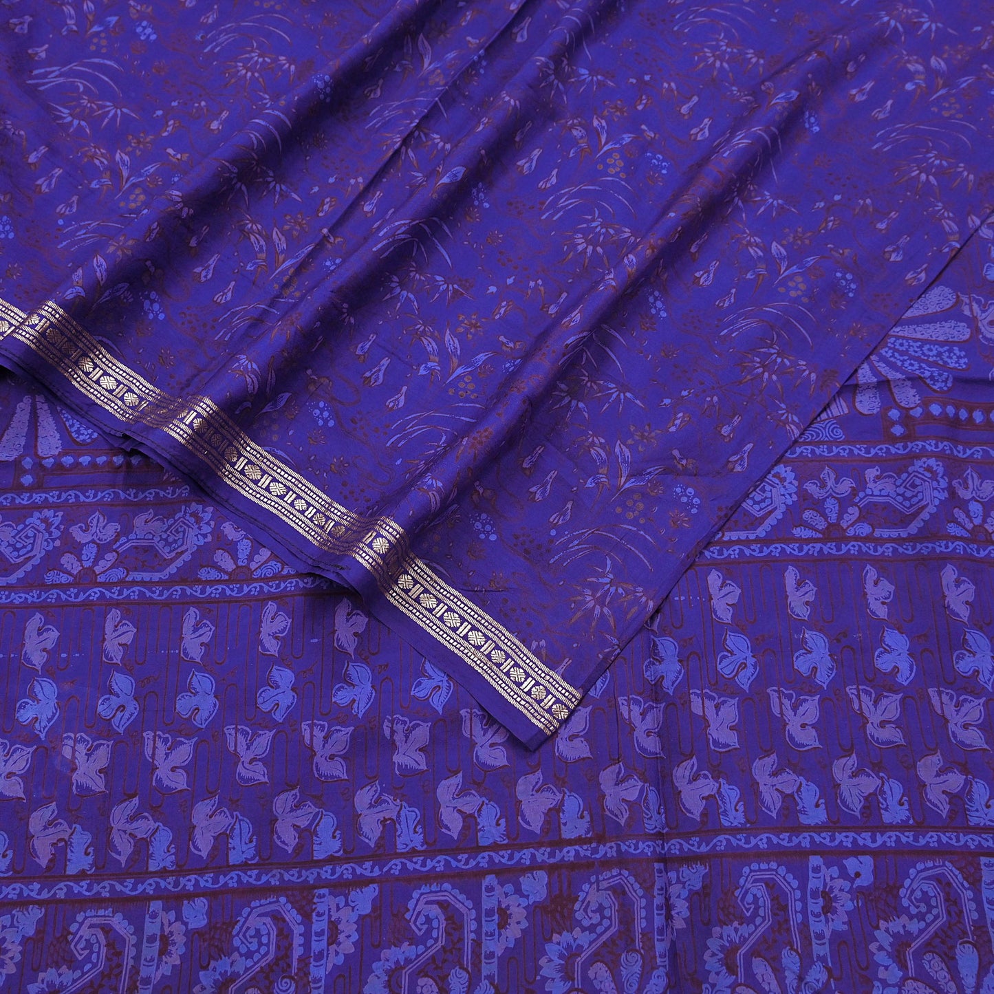 Vintage Blue Pure Silk Saree Indian Printed Silk Fabric 5 Yards Boho Craft Material for Sewing, Quilting, Dressmaking, Upcycling