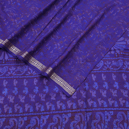 Vintage Blue Pure Silk Saree Indian Printed Silk Fabric 5 Yards Boho Craft Material for Sewing, Quilting, Dressmaking, Upcycling
