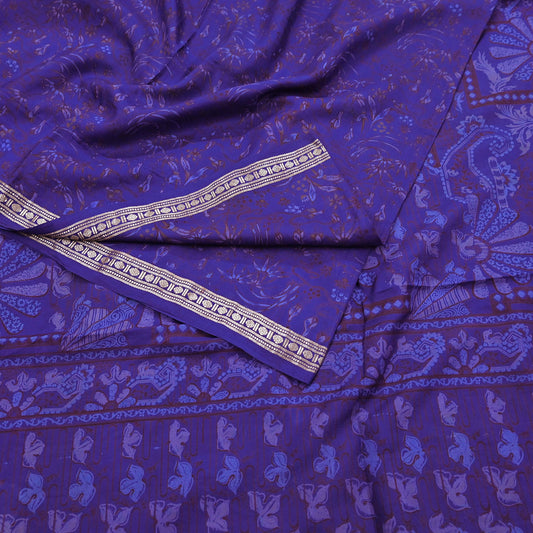 Vintage Blue Pure Silk Saree Indian Printed Silk Fabric 5 Yards Boho Craft Material for Sewing, Quilting, Dressmaking, Upcycling