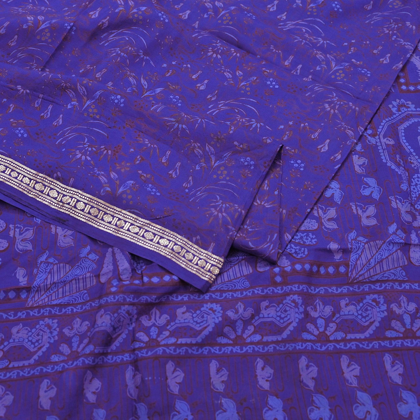 Vintage Blue Pure Silk Saree Indian Printed Silk Fabric 5 Yards Boho Craft Material for Sewing, Quilting, Dressmaking, Upcycling