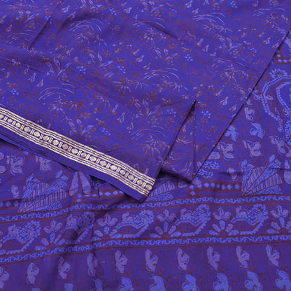 Vintage Blue Pure Silk Saree Indian Printed Silk Fabric 5 Yards Boho Craft Material for Sewing, Quilting, Dressmaking, Upcycling