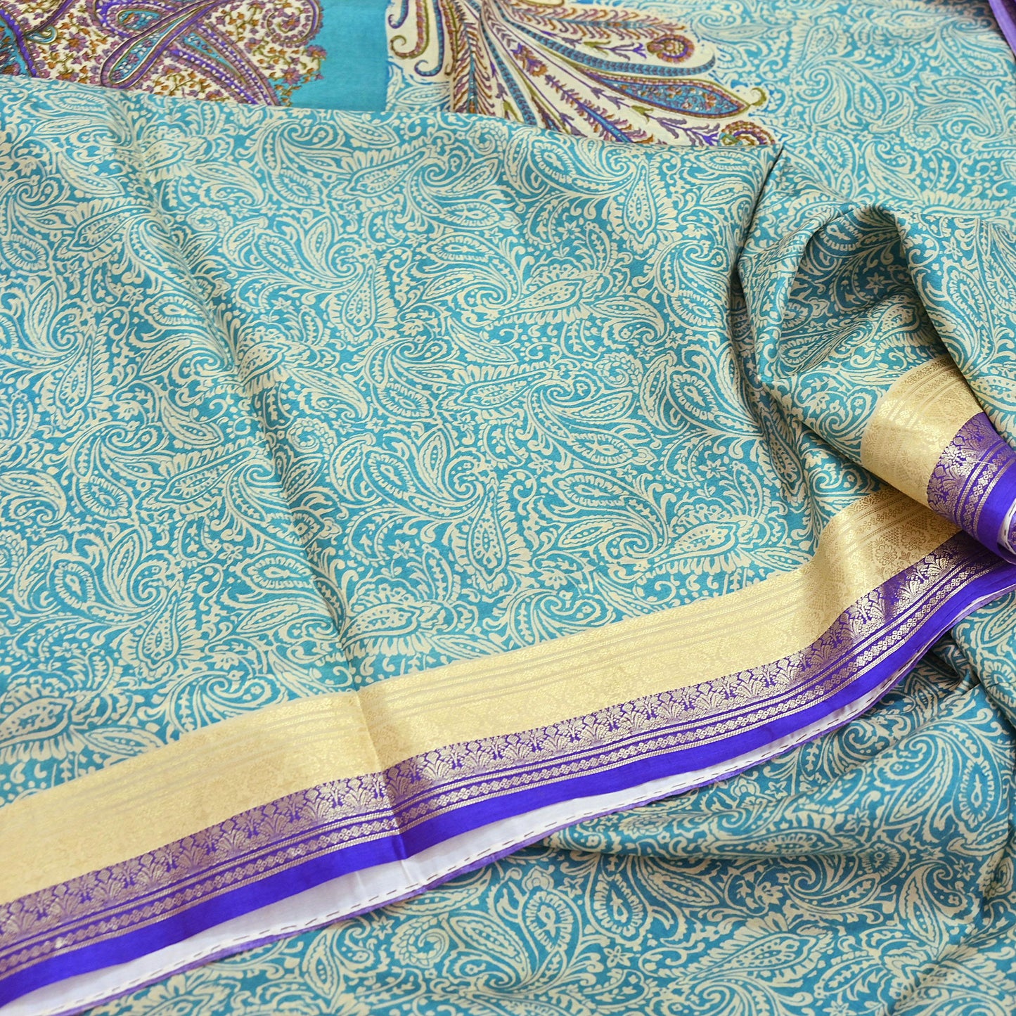 Vintage Green & Ivory Pure Silk Saree Indian Printed Silk Fabric 5 Yards Boho Craft Material for Sewing, Quilting, Dressmaking, Upcycling