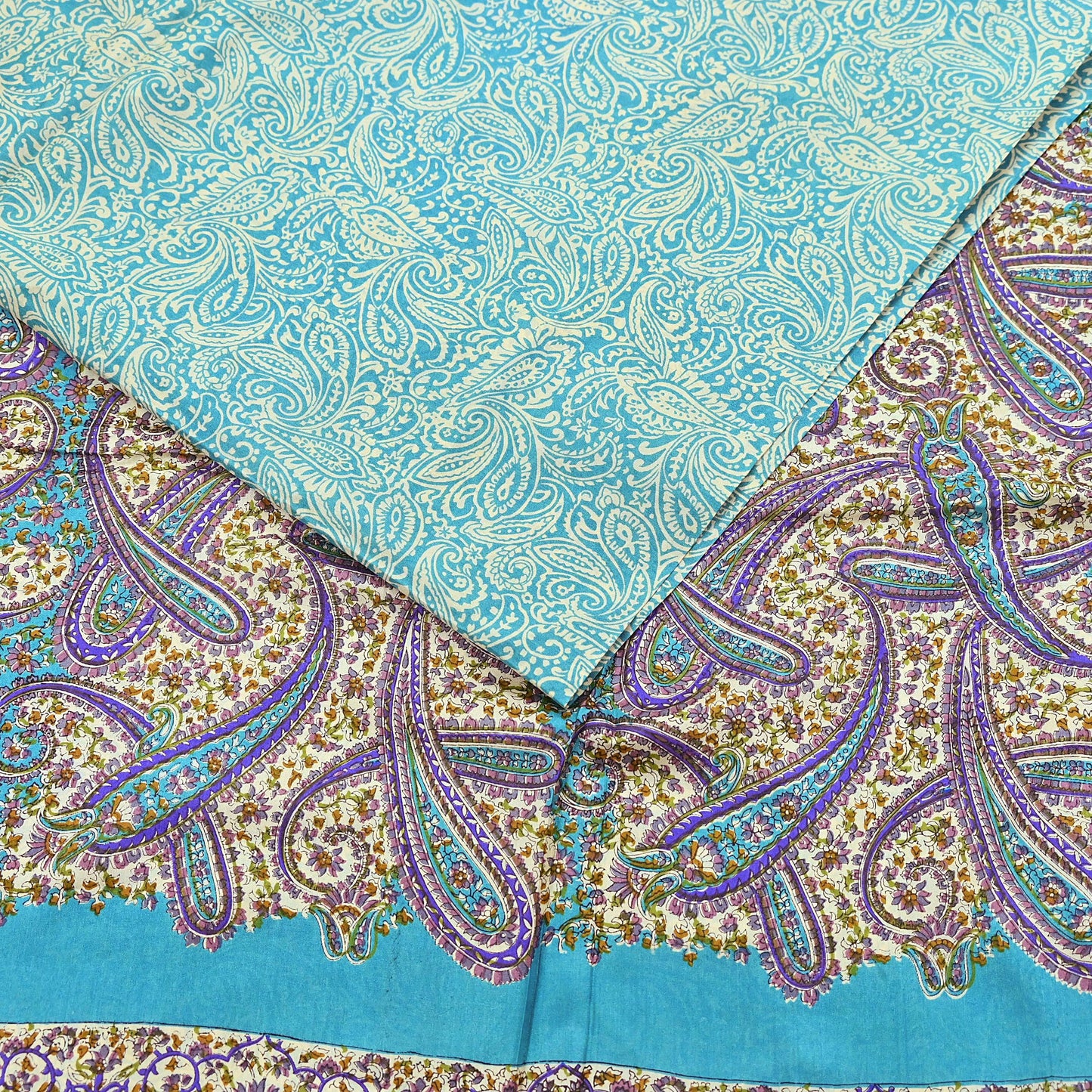 Vintage Green & Ivory Pure Silk Saree Indian Printed Silk Fabric 5 Yards Boho Craft Material for Sewing, Quilting, Dressmaking, Upcycling