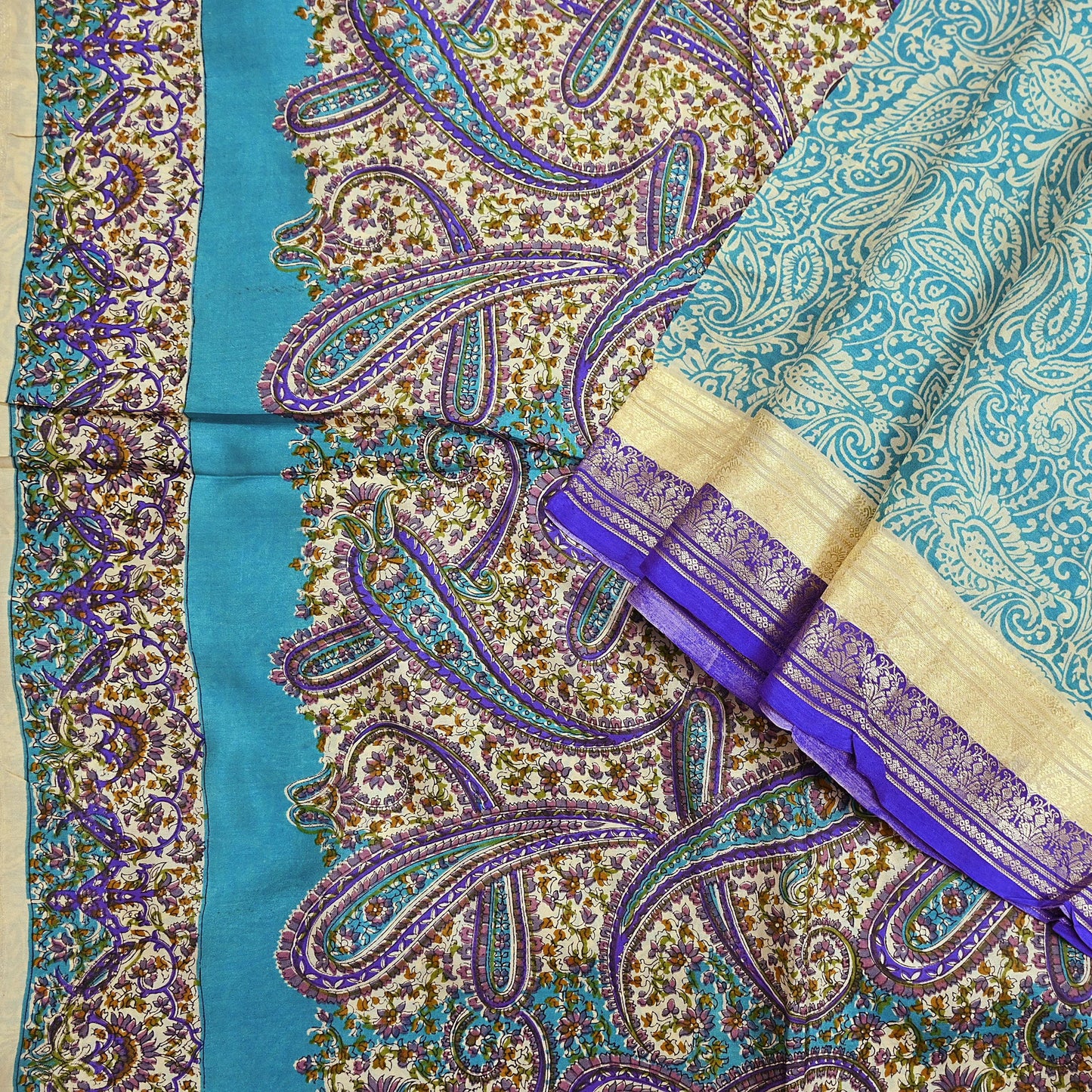 Vintage Green & Ivory Pure Silk Saree Indian Printed Silk Fabric 5 Yards Boho Craft Material for Sewing, Quilting, Dressmaking, Upcycling