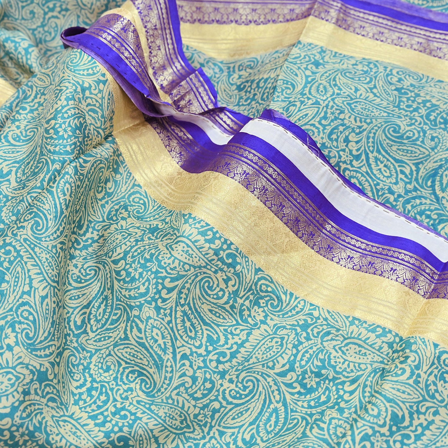 Vintage Green & Ivory Pure Silk Saree Indian Printed Silk Fabric 5 Yards Boho Craft Material for Sewing, Quilting, Dressmaking, Upcycling