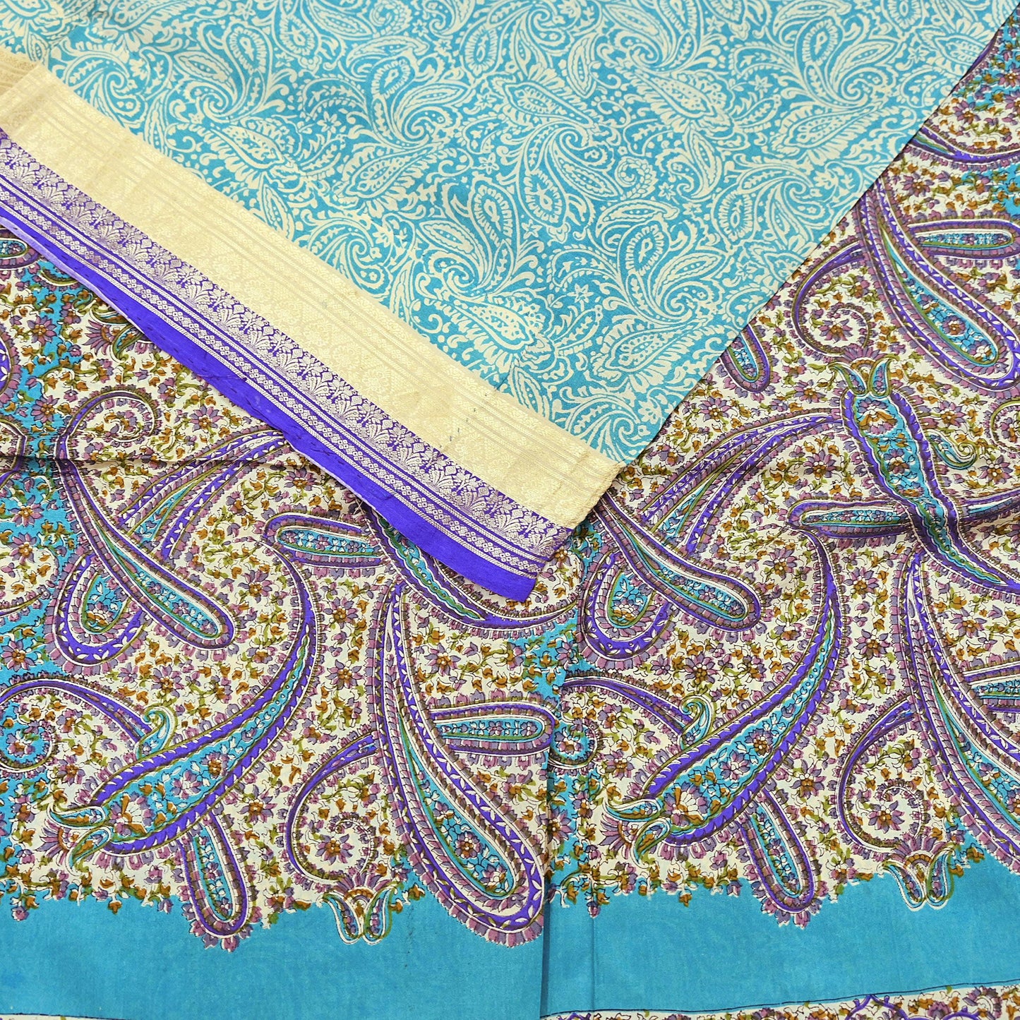 Vintage Green & Ivory Pure Silk Saree Indian Printed Silk Fabric 5 Yards Boho Craft Material for Sewing, Quilting, Dressmaking, Upcycling