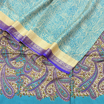 Vintage Green & Ivory Pure Silk Saree Indian Printed Silk Fabric 5 Yards Boho Craft Material for Sewing, Quilting, Dressmaking, Upcycling