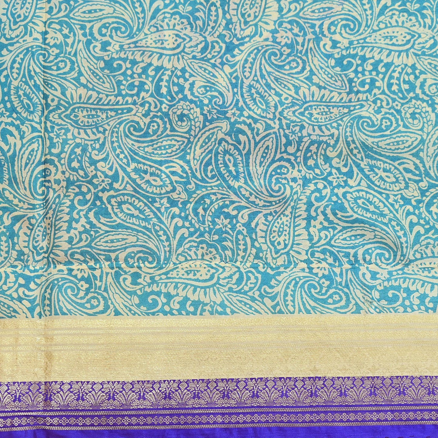 Vintage Green & Ivory Pure Silk Saree Indian Printed Silk Fabric 5 Yards Boho Craft Material for Sewing, Quilting, Dressmaking, Upcycling