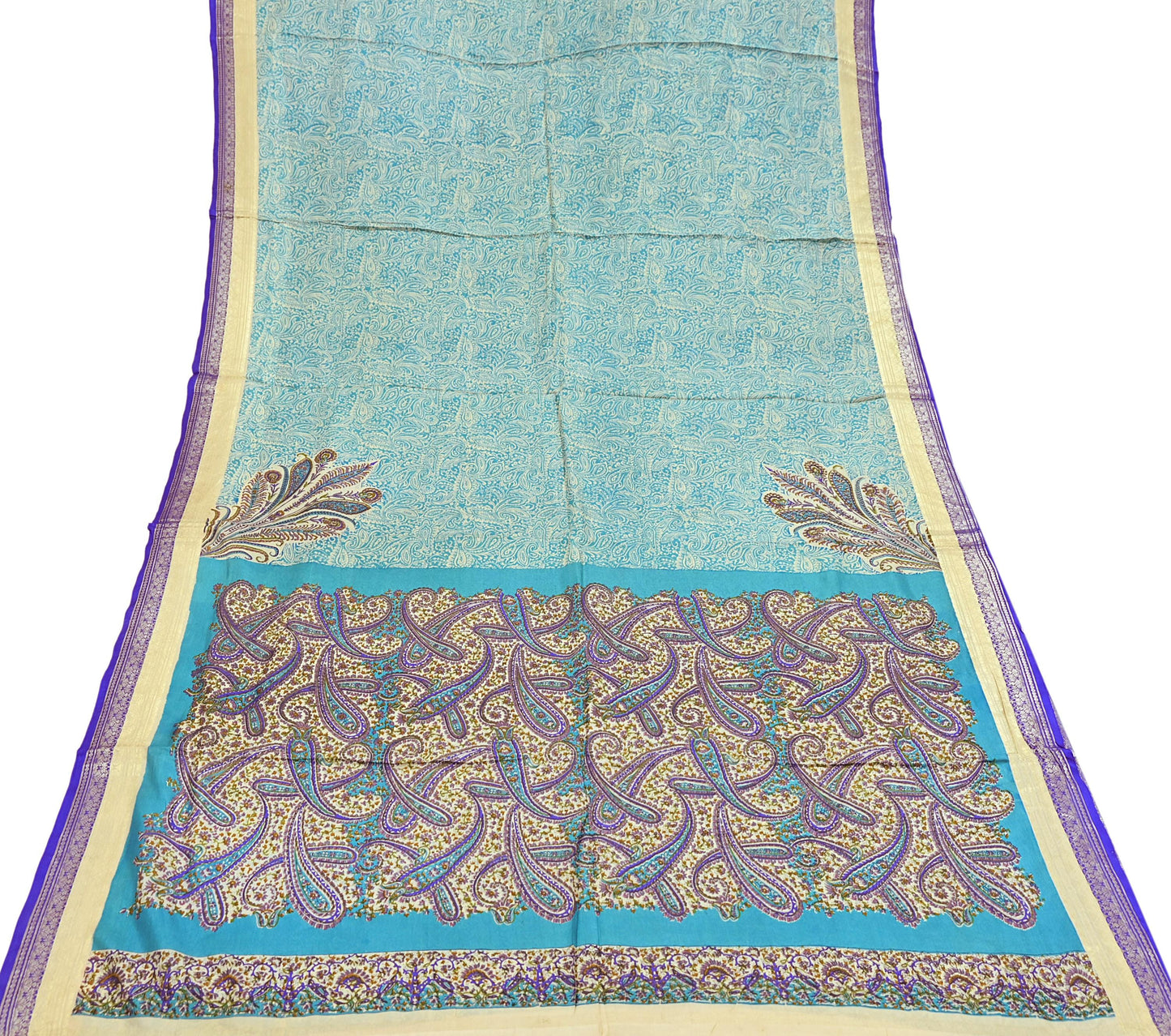 Vintage Green & Ivory Pure Silk Saree Indian Printed Silk Fabric 5 Yards Boho Craft Material for Sewing, Quilting, Dressmaking, Upcycling