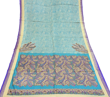 Vintage Green & Ivory Pure Silk Saree Indian Printed Silk Fabric 5 Yards Boho Craft Material for Sewing, Quilting, Dressmaking, Upcycling