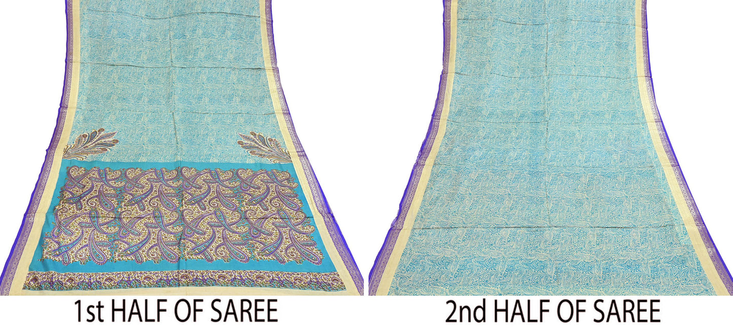 Vintage Green & Ivory Pure Silk Saree Indian Printed Silk Fabric 5 Yards Boho Craft Material for Sewing, Quilting, Dressmaking, Upcycling