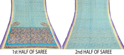 Vintage Green & Ivory Pure Silk Saree Indian Printed Silk Fabric 5 Yards Boho Craft Material for Sewing, Quilting, Dressmaking, Upcycling