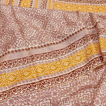 Indian Vintage Sari Ivory & Brown 100% Pure Silk Printed Sarees 5yd Craft Fabric Sewing Soft Dress Making Floral Quilting Crafting Upcycle