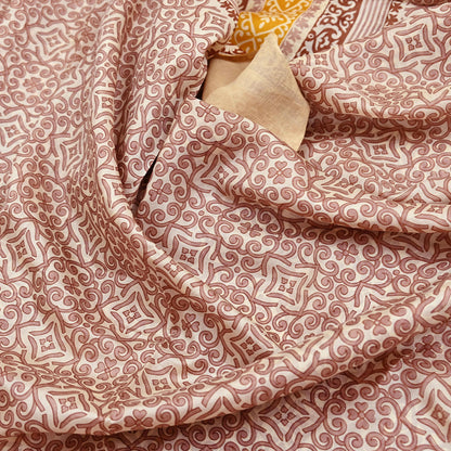 Indian Vintage Sari Ivory & Brown 100% Pure Silk Printed Sarees 5yd Craft Fabric Sewing Soft Dress Making Floral Quilting Crafting Upcycle