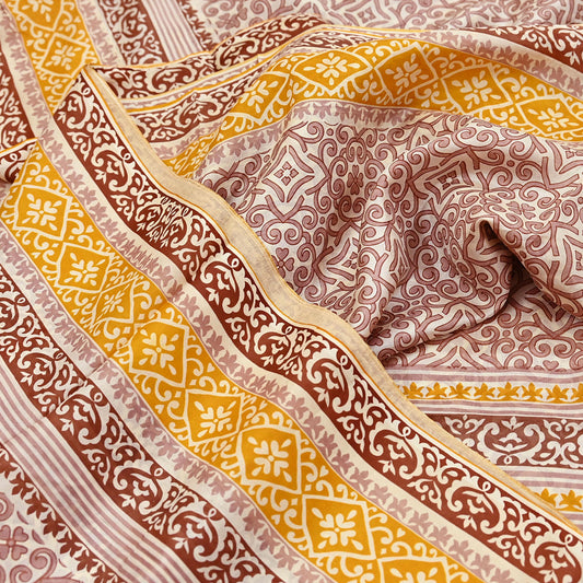 Indian Vintage Sari Ivory & Brown 100% Pure Silk Printed Sarees 5yd Craft Fabric Sewing Soft Dress Making Floral Quilting Crafting Upcycle