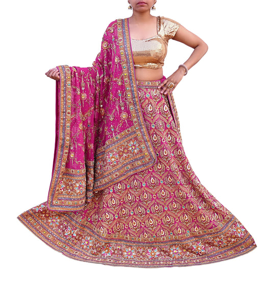 Indian Heavy Wedding Rani Pink Pure Georgette Silk Hand Embroidered Rajputani Poshak Lehenga 3pcs Set Designer By Manish Malhotra Party Wear