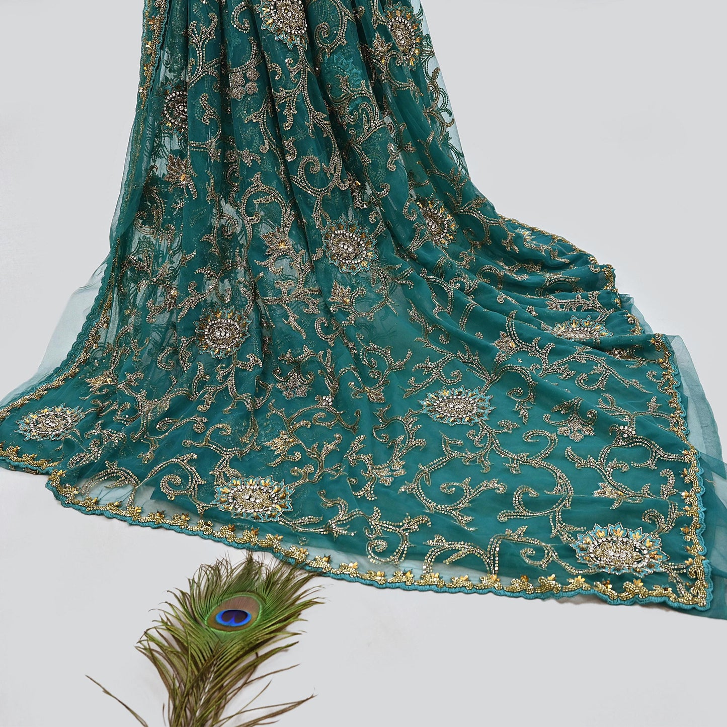 Heavy Blue Net Embroidered Saree Anamika Khanna Zardozi Dabka Zari Indian Wedding Sari Designer Mesh 6Yd Saree with Blouse Fabric