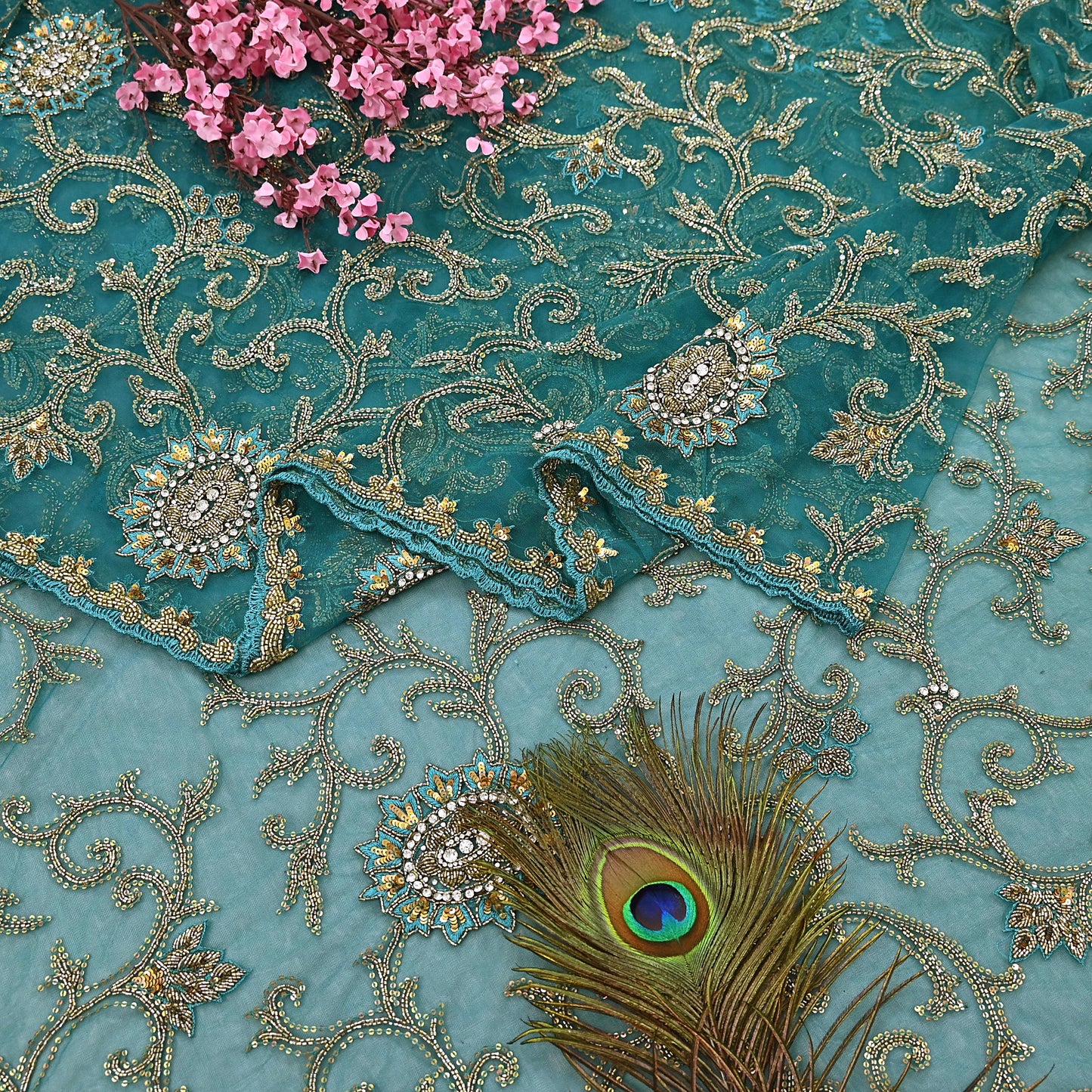 Heavy Blue Net Embroidered Saree Anamika Khanna Zardozi Dabka Zari Indian Wedding Sari Designer Mesh 6Yd Saree with Blouse Fabric