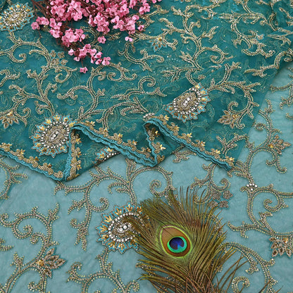 Heavy Blue Net Embroidered Saree Anamika Khanna Zardozi Dabka Zari Indian Wedding Sari Designer Mesh 6Yd Saree with Blouse Fabric