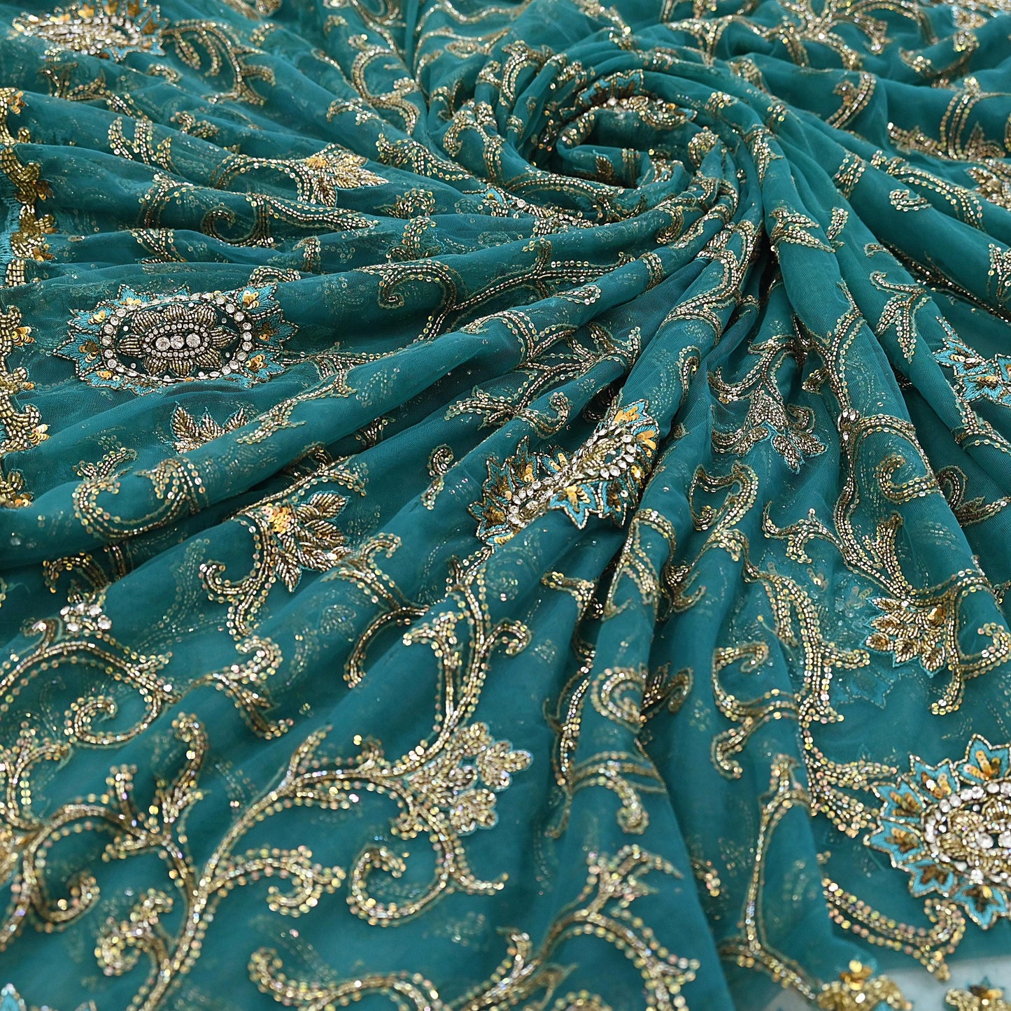 Heavy Blue Net Embroidered Saree Anamika Khanna Zardozi Dabka Zari Indian Wedding Sari Designer Mesh 6Yd Saree with Blouse Fabric