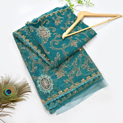 Heavy Blue Net Embroidered Saree Anamika Khanna Zardozi Dabka Zari Indian Wedding Sari Designer Mesh 6Yd Saree with Blouse Fabric