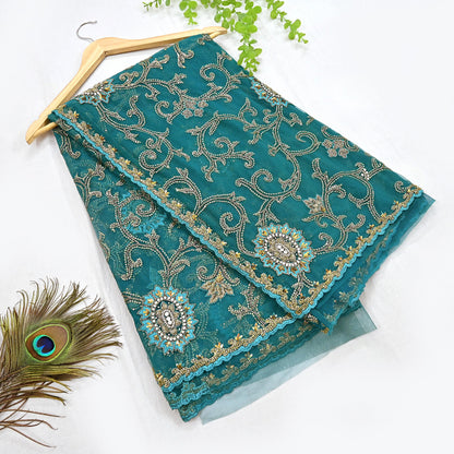 Heavy Blue Net Embroidered Saree Anamika Khanna Zardozi Dabka Zari Indian Wedding Sari Designer Mesh 6Yd Saree with Blouse Fabric