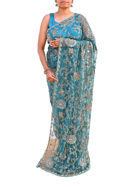 Heavy Blue Net Embroidered Saree Anamika Khanna Zardozi Dabka Zari Indian Wedding Sari Designer Mesh 6Yd Saree with Blouse Fabric