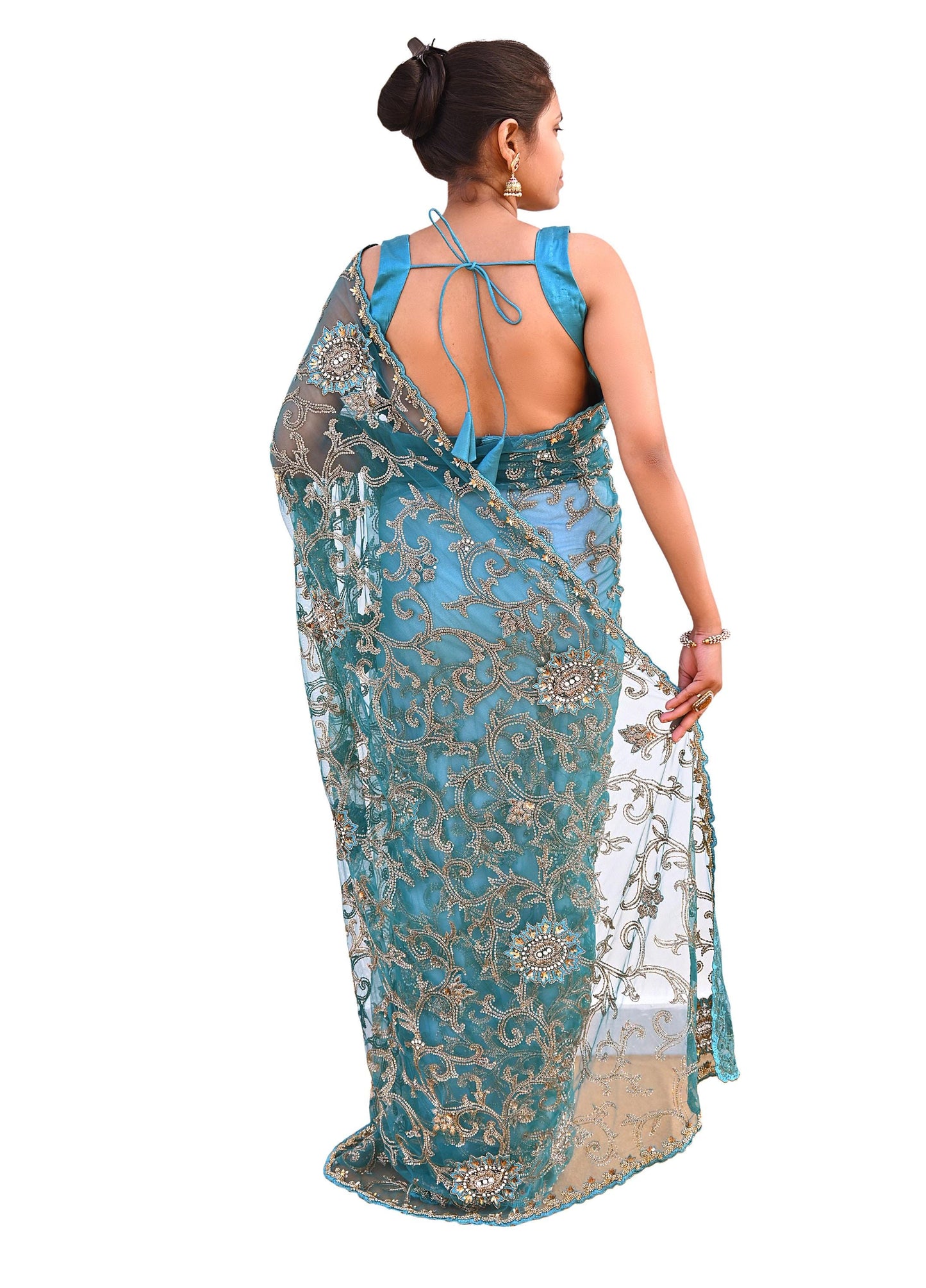 Heavy Blue Net Embroidered Saree Anamika Khanna Zardozi Dabka Zari Indian Wedding Sari Designer Mesh 6Yd Saree with Blouse Fabric