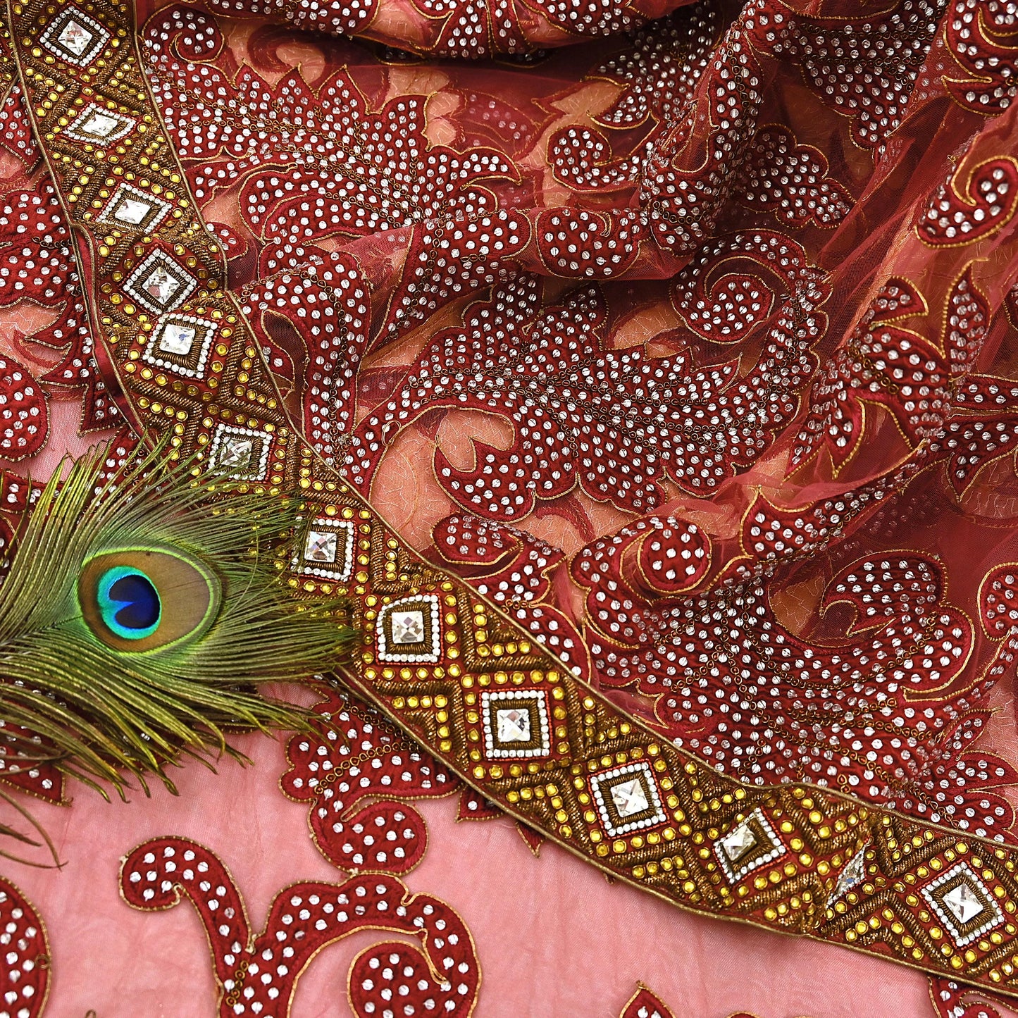 Indian New Heavy Sari Red Net/Mesh Hand Embroidered Designer Manish Malhotra Sarees 6Yd Ethnic Zardozi/Dabka Zari With Blouse Fabric