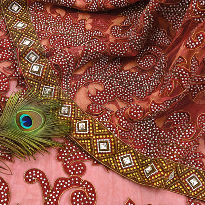 Indian New Heavy Sari Red Net/Mesh Hand Embroidered Designer Manish Malhotra Sarees 6Yd Ethnic Zardozi/Dabka Zari With Blouse Fabric