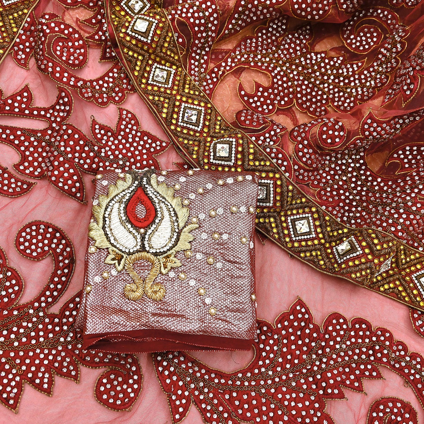 Indian New Heavy Sari Red Net/Mesh Hand Embroidered Designer Manish Malhotra Sarees 6Yd Ethnic Zardozi/Dabka Zari With Blouse Fabric