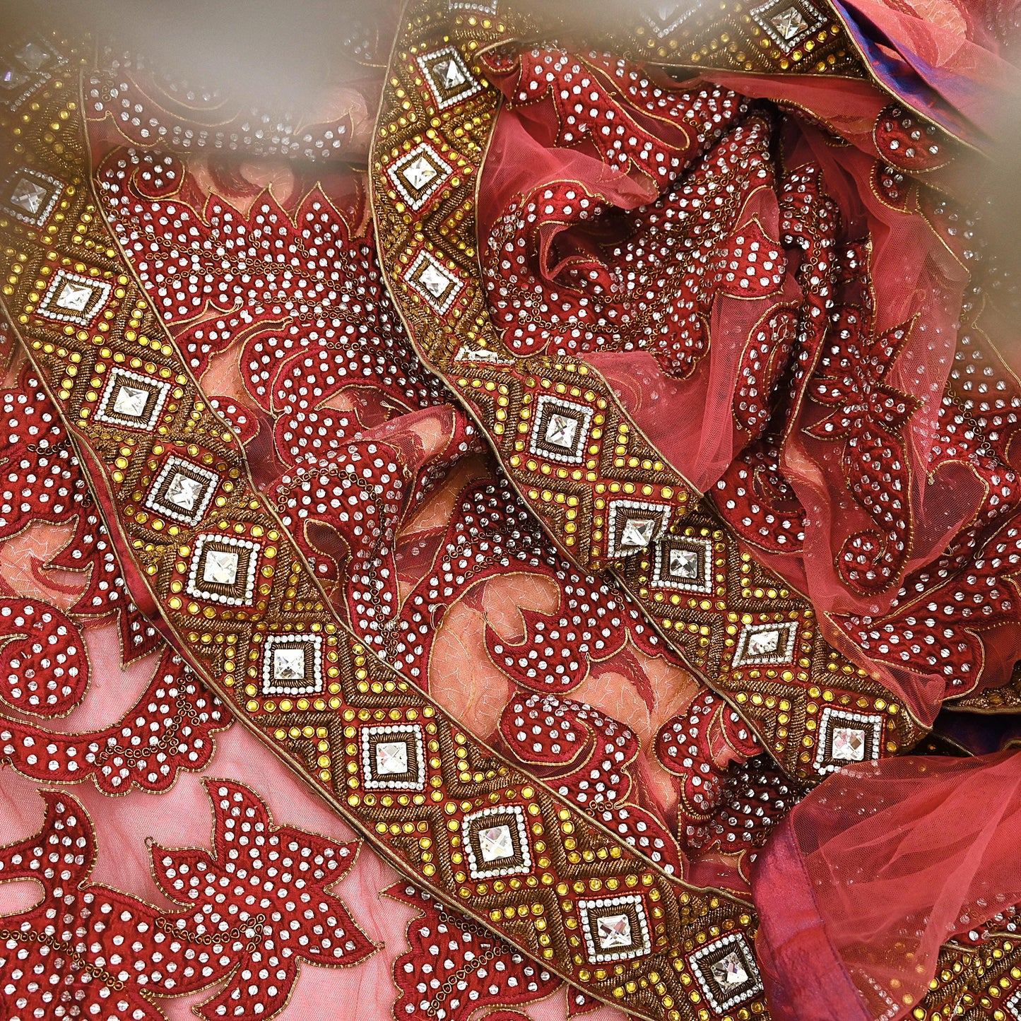 Indian New Heavy Sari Red Net/Mesh Hand Embroidered Designer Manish Malhotra Sarees 6Yd Ethnic Zardozi/Dabka Zari With Blouse Fabric