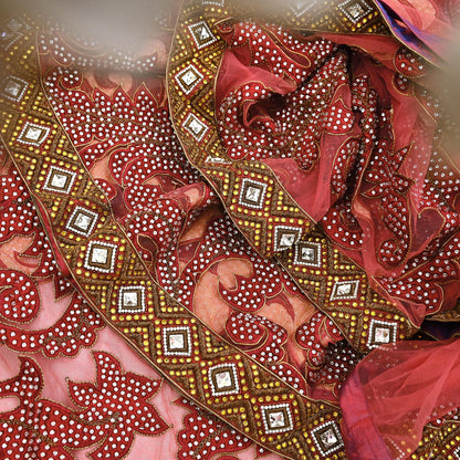 Indian New Heavy Sari Red Net/Mesh Hand Embroidered Designer Manish Malhotra Sarees 6Yd Ethnic Zardozi/Dabka Zari With Blouse Fabric