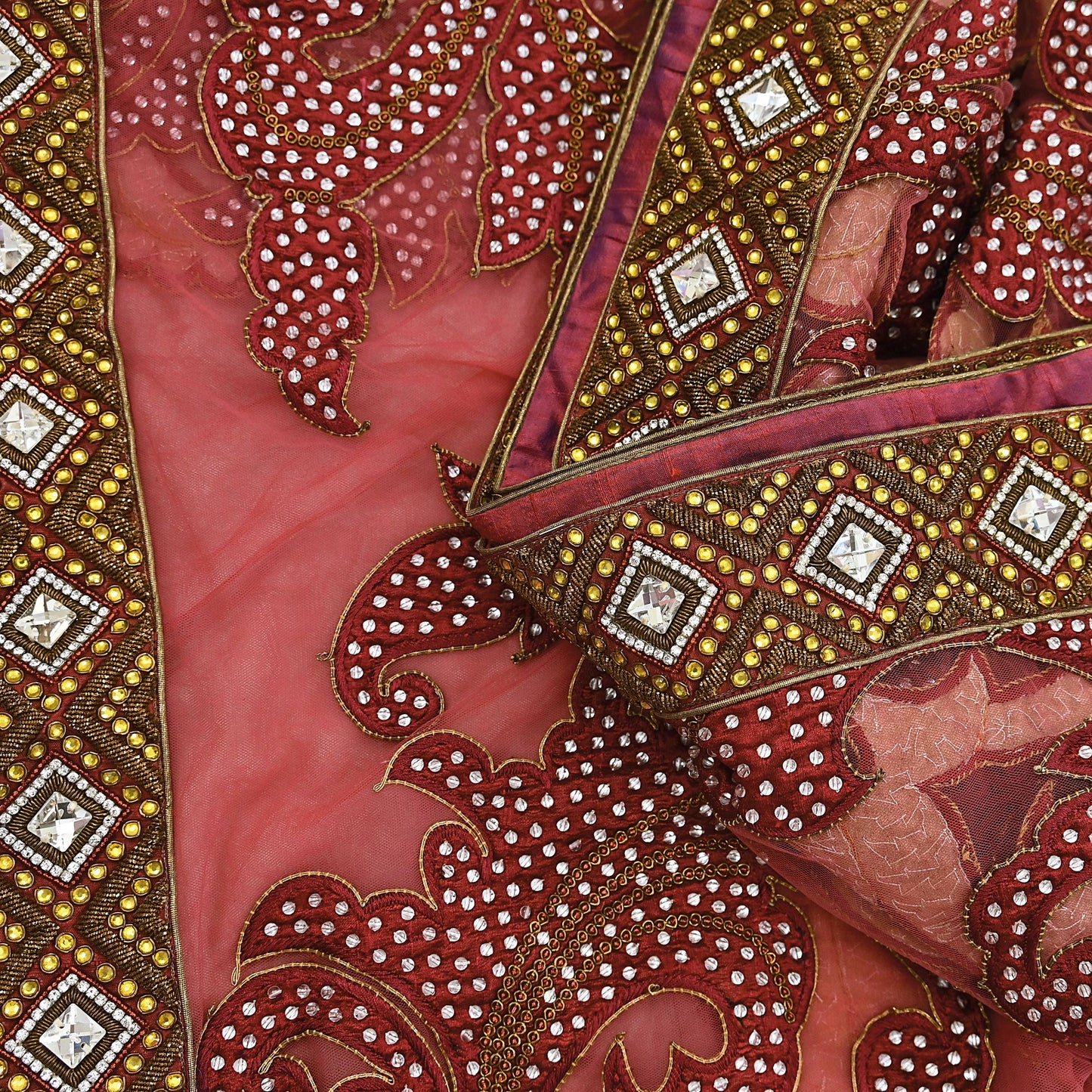 Indian New Heavy Sari Red Net/Mesh Hand Embroidered Designer Manish Malhotra Sarees 6Yd Ethnic Zardozi/Dabka Zari With Blouse Fabric