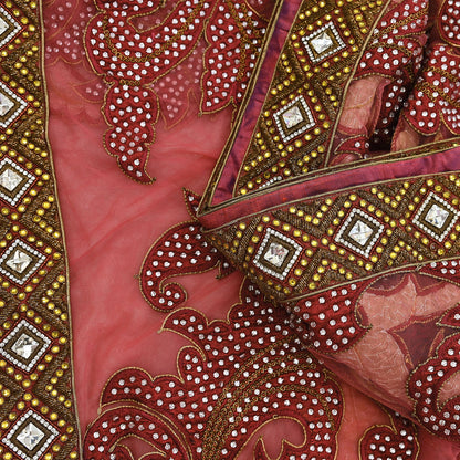 Indian New Heavy Sari Red Net/Mesh Hand Embroidered Designer Manish Malhotra Sarees 6Yd Ethnic Zardozi/Dabka Zari With Blouse Fabric