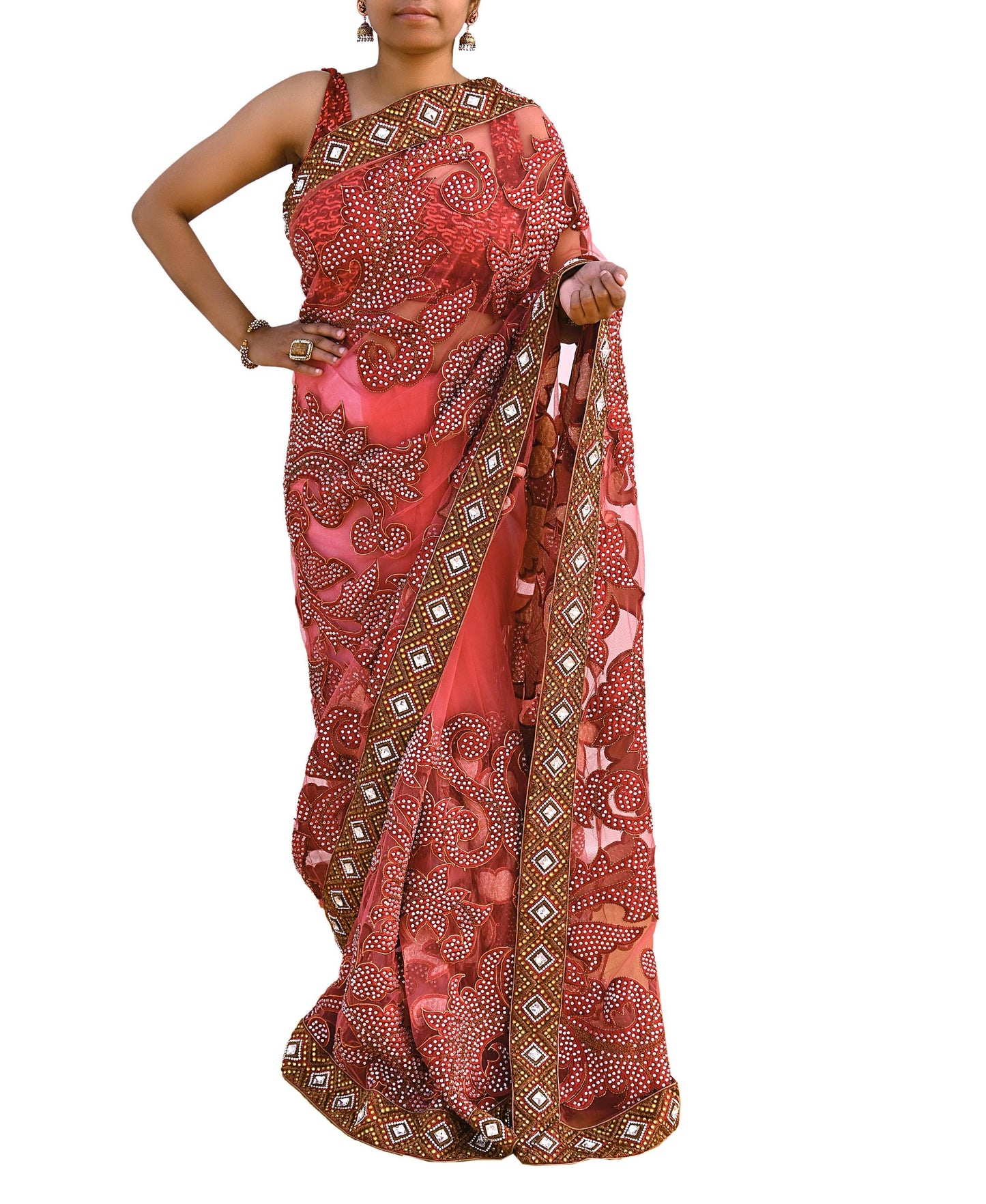 Indian New Heavy Sari Red Net/Mesh Hand Embroidered Designer Manish Malhotra Sarees 6Yd Ethnic Zardozi/Dabka Zari With Blouse Fabric