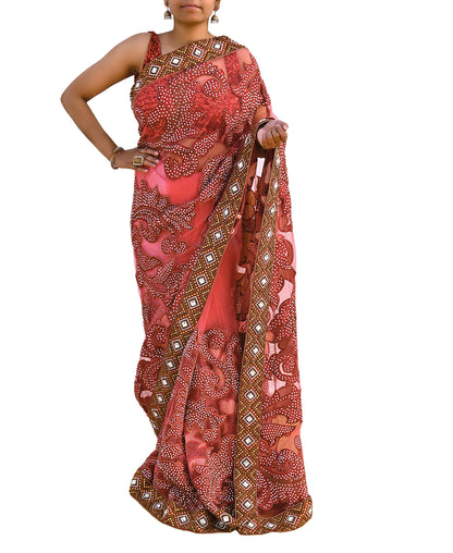 Indian New Heavy Sari Red Net/Mesh Hand Embroidered Designer Manish Malhotra Sarees 6Yd Ethnic Zardozi/Dabka Zari With Blouse Fabric